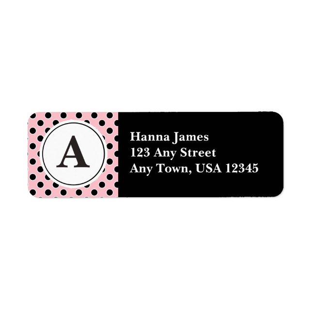 Rosa och svart Polka dots Monogram Returadress Etikett (Framsidan)
