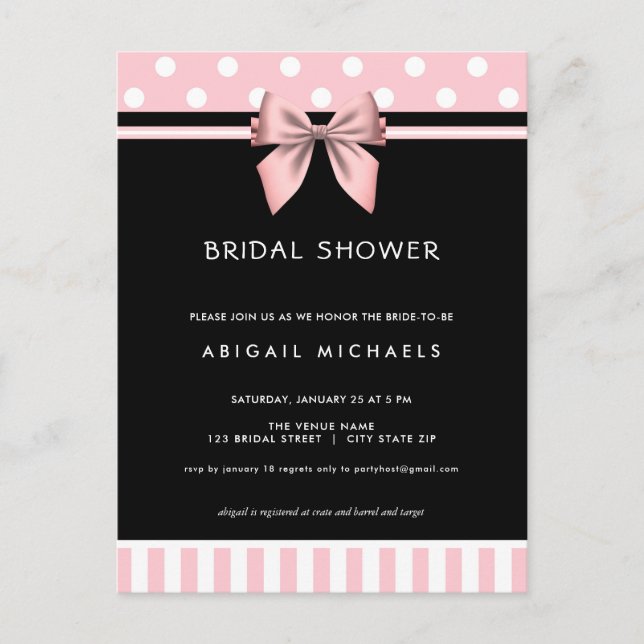  Rosa och svart Polka-punktsMöhippa Inbjudan Vykort (Framsida)