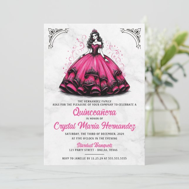 Rosa och svart Quinceañera Inbjudningar (Stående Fram)