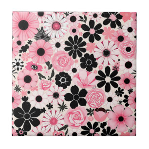 Rosa och svart Retro Botanical Flowers Mönster Kakelplatta