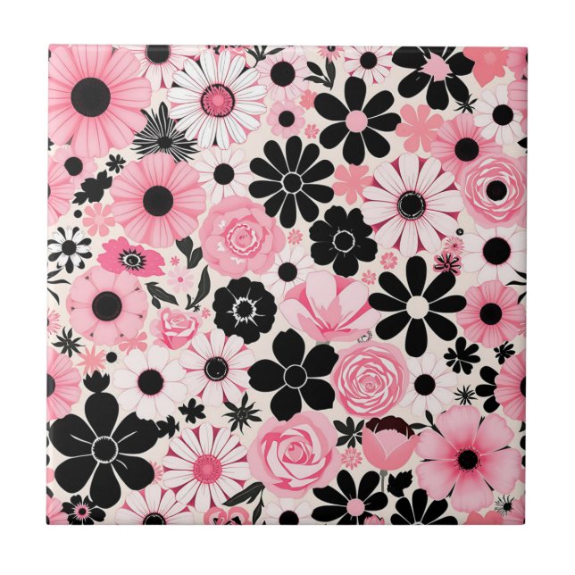 Rosa och svart Retro Botanical Flowers Mönster Kakelplatta (Framsidan)