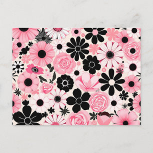 Rosa och svart Retro Botanical Flowers Mönster Vykort