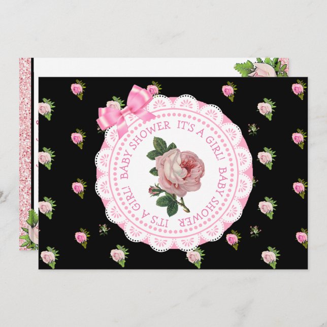 Rosa och svart Ro-flickans inbjudan till babykläde (Fram/baksida)