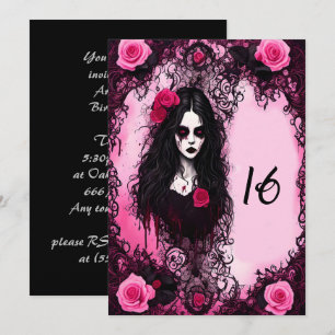 Rosa och svart Ro Ghost Girl Sweet 16 Birthday Inbjudningar
