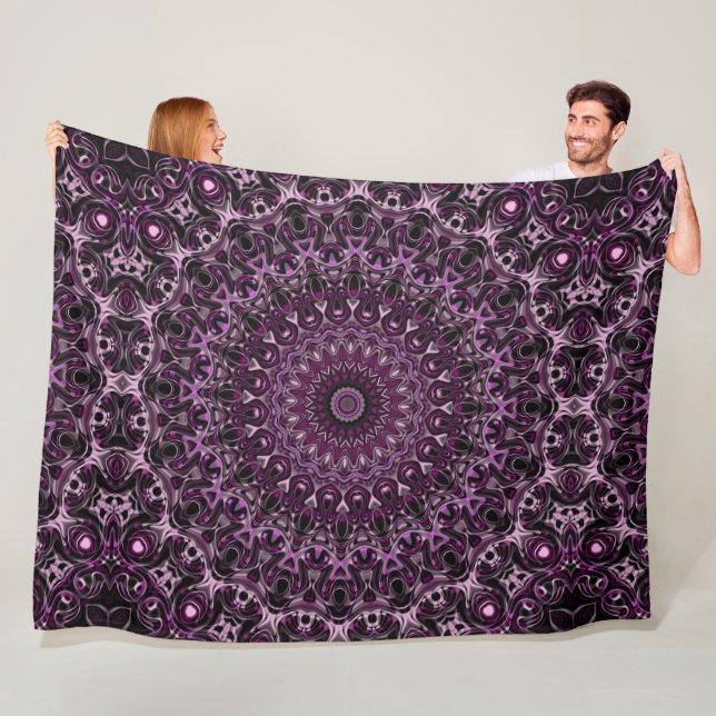 Rosa och svart rosmandala med blomstergeometri fleecefilt (På plats)
