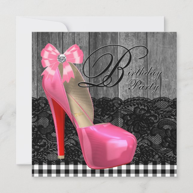 Rosa och svart rustik födelsedagsfest med brädgolv inbjudningar (Framsida)