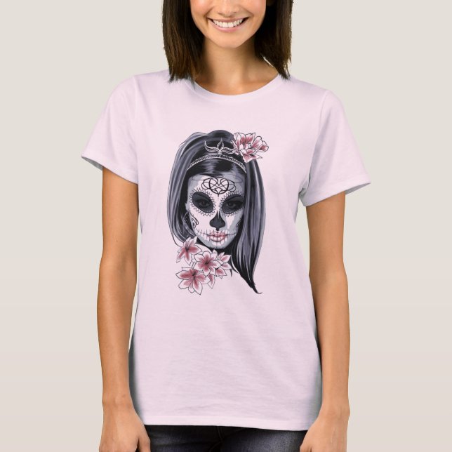 Rosa och svart socker dödskalle hippflicka tee (Framsida)