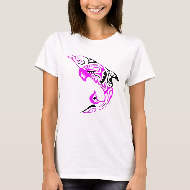 Rosa och svart stam- delfintatueringdesign t-shirt (Framsida)