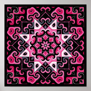 Rosa och svart Star Kaleidoscope Poster