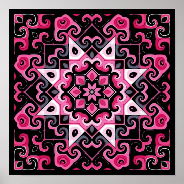 Rosa och svart Star Kaleidoscope Poster (Framsidan)