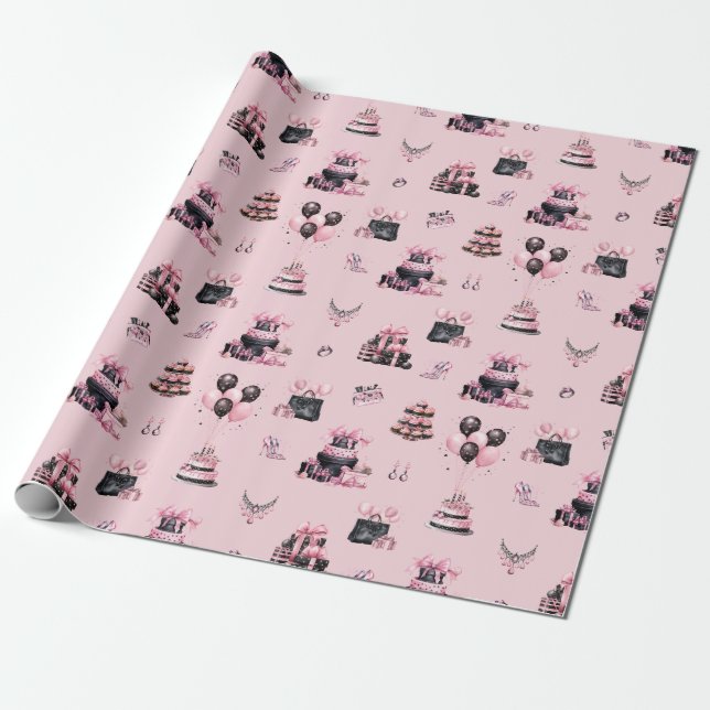 Rosa och svart statuskonturen Mode Birthday Mönste Presentpapper (Utrullad)