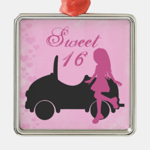 Rosa och svart Sweet 16 Silhouette Girl and Car Julgransprydnad Metall
