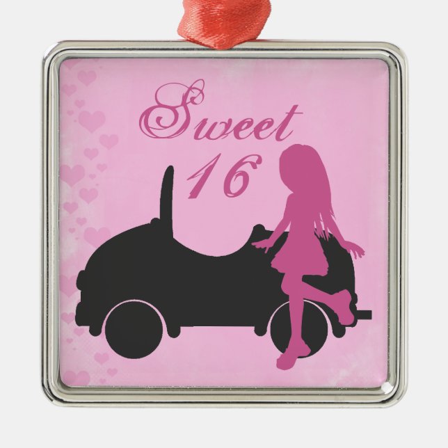 Rosa och svart Sweet 16 Silhouette Girl and Car Julgransprydnad Metall (Framsidan)