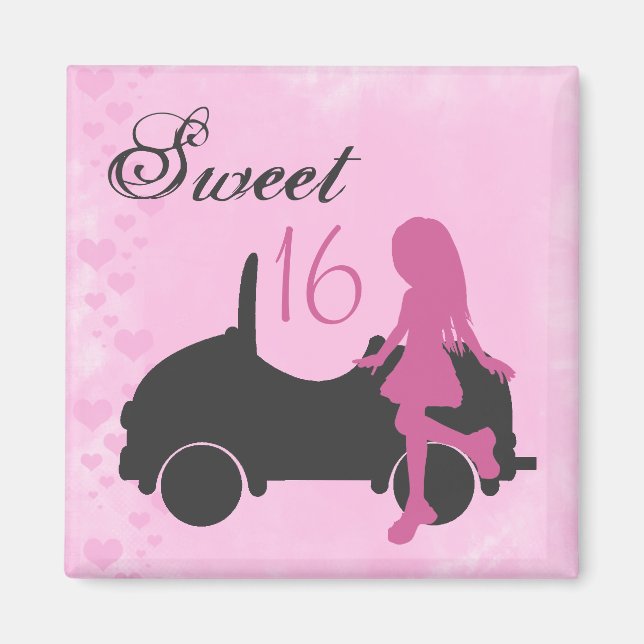 Rosa och svart Sweet 16 Silhouette Magnet (Framsidan)