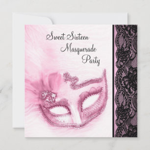 Rosa och svart Sweet Sixteen maskeradfest Inbjudningar