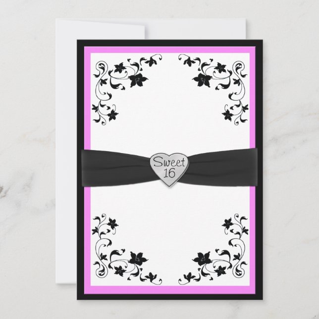 Rosa och svart sweet sixteenpartyinbjudan inbjudningar (Framsida)