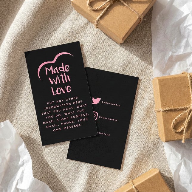 Rosa och svart tillverkad med kärlek-hjärta Silhou Tilläggskort (Pink and black made with love heart Silhouette Enclosure Card.)