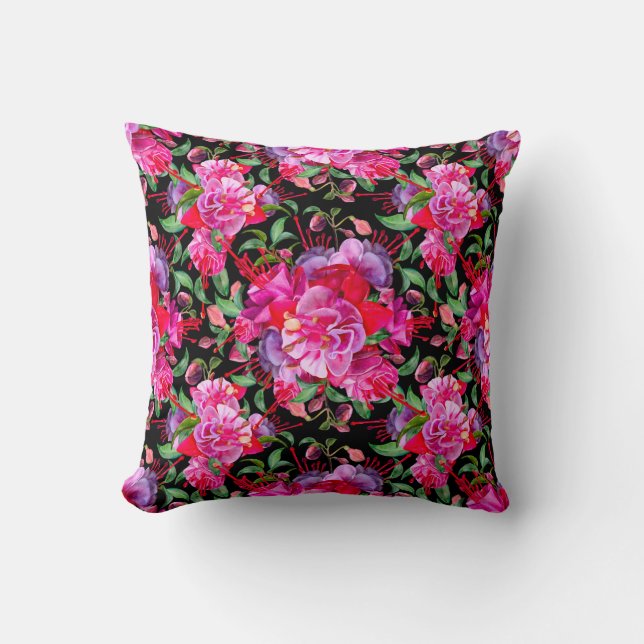 Rosa och svart vattenfärgsfuchsia-blommor kudde (Framsida)