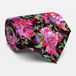 Rosa och svart vattenfärgsfuchsia-blommor slips
