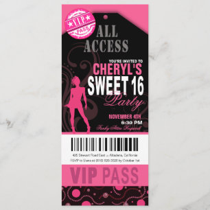 Rosa och svart VIP-sötat 16 Biljett Party Inbjudningar