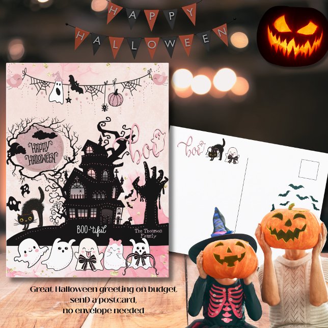 Rosa och svart vykort för Halloween "Boo" Hälsning (Pink and Black Halloween Boo Greeting Postcard)