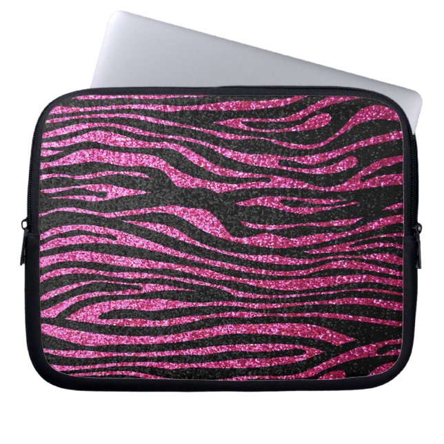 Rosa och svart zebra tryck som bling (fauxglitter) laptop sleeve (Framsidan)