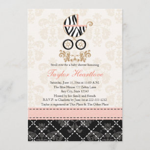 Rosa och svart zebra tryckvagnsbaby shower inbjudningar