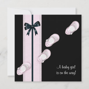 Rosa och Svarta Babyskor Tjej Baby Shower Inbjudningar