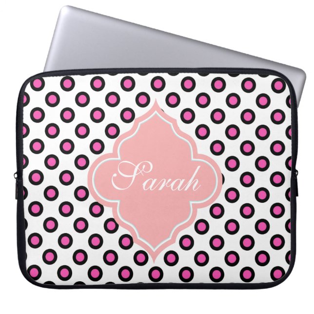 rosa och svarta cirkel prickar monogram laptop fodral (Framsidan)