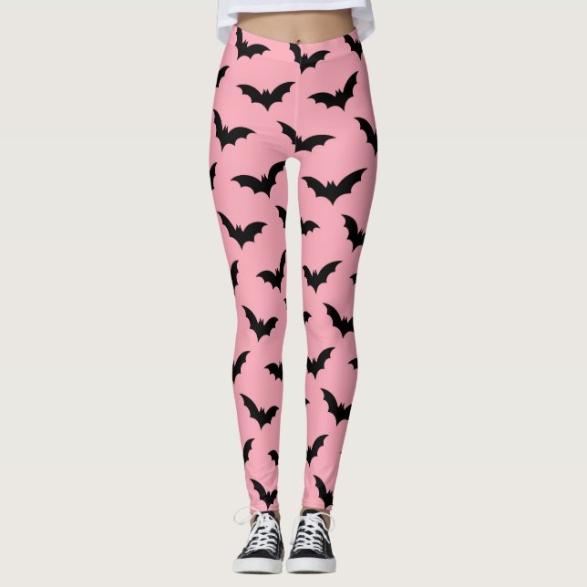 Rosa och svarta fladdermöss Halloween Leggings (Framsida)