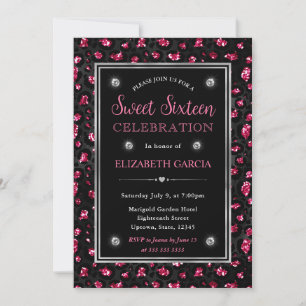 Rosa och svarta glitter leopardfläckar Sweet Sixte Inbjudningar