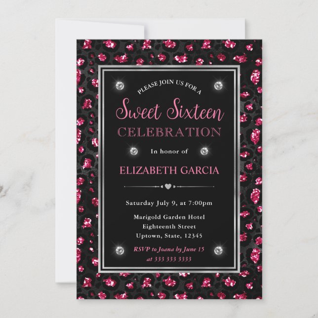 Rosa och svarta glitter leopardfläckar Sweet Sixte Inbjudningar (Framsida)