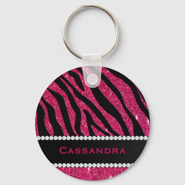 Rosa och Svarta Glitter Zebra tryck-diamanter Namn Nyckelring (Framsida)