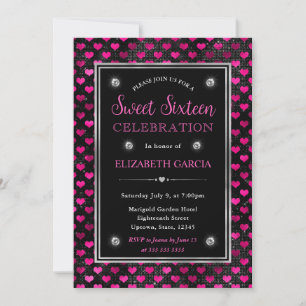Rosa och svarta glitterhjärtan Sweet Sixteen Inbjudningar
