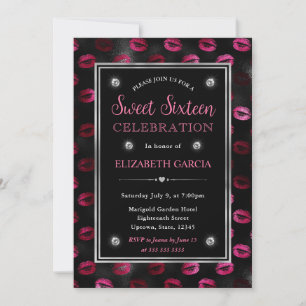 Rosa och svarta glitterläpp-mönster Sweet Sixteen Inbjudningar