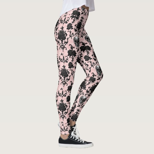 Rosa och svarta gotiska dödskallar och rosor  leggings (Höger)