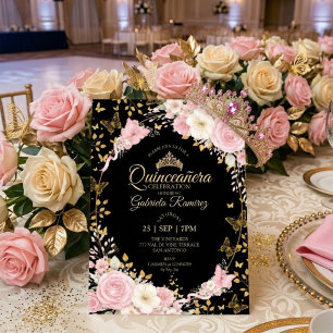 Rosa och svarta Quinceañera-guldröda rosor Inbjudningar