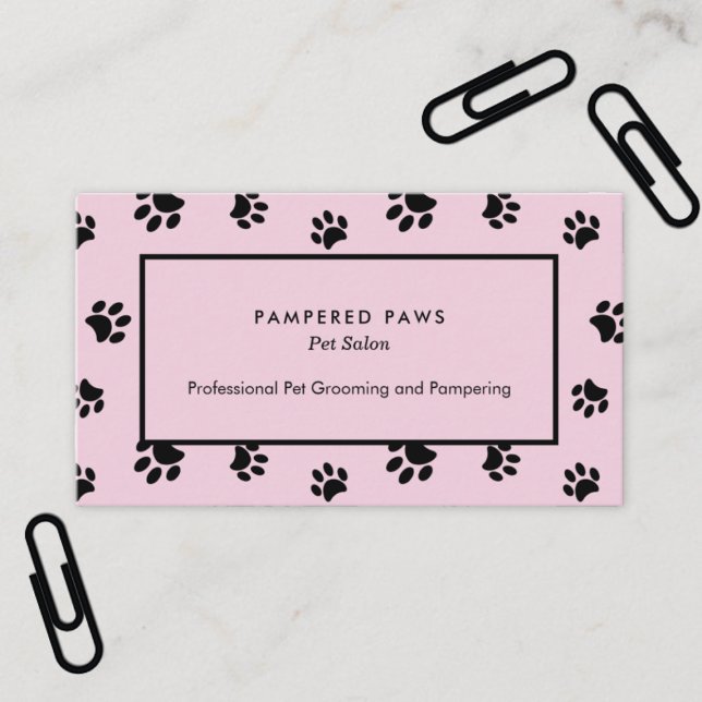 Rosa och svarta tassavtryck Professionell husdjurs Visitkort (Pink and Black Paw Prints Professional Pet Salon Business Card)