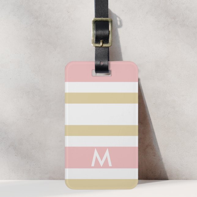 Rosa och Tan Ränder Preppy Anpassad Initial Bagagebricka (Skapare uppladdad)