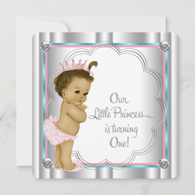 Rosa och Teal Blue Princess 1:a födelsedagen Party Inbjudningar (Framsida)