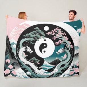 Rosa och Teal Dragons Asian Ligcape yin yang Fleecefilt