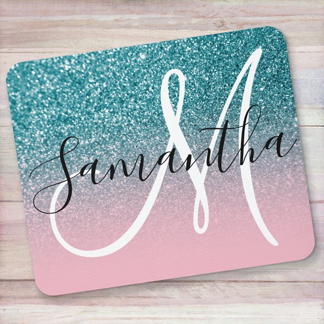 Rosa och Teal Glitter Ombre Monogram Musmatta (Skapare uppladdad)