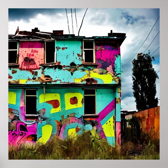 Rosa och Teal Graffiti Art | Övergivna hus Poster (Framsidan)