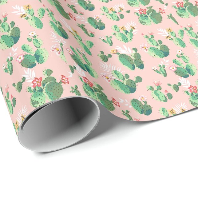 Rosa och teal kaktus sydvästlig presentpapper (Rullad Hörn)