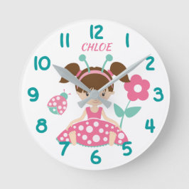 Rosa och Teal Ladybug Girl Rund Klocka