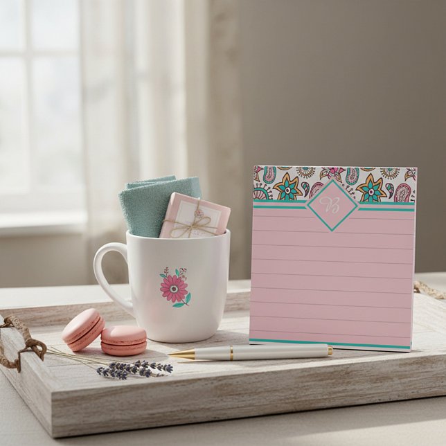 Rosa och teal paisley-monogram anteckningsblock (Skapare uppladdad)