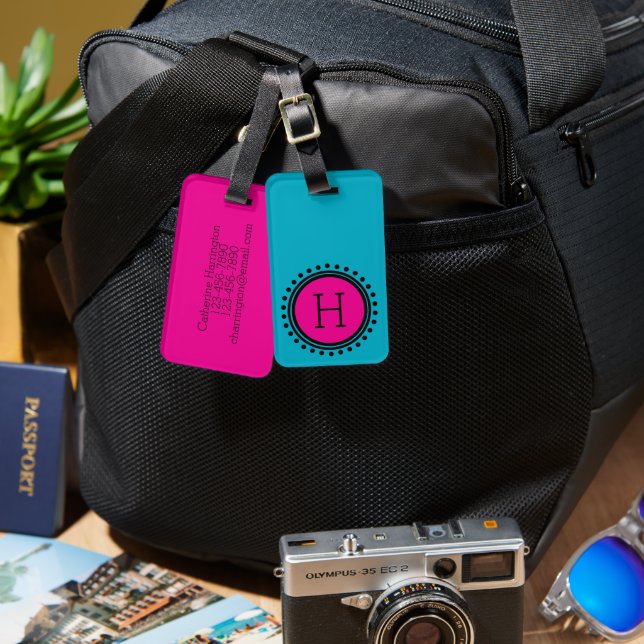 Rosa och teal prickig monogram bagagebricka (Fram & Baksida)