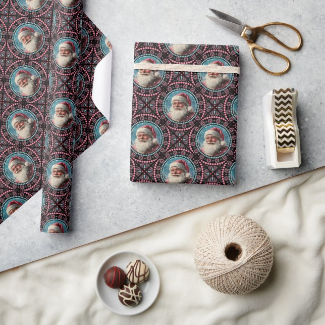 Rosa och Teal Retro Santa Mandala Geometric Tile Presentpapper (Hantverk)