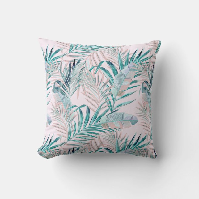 Rosa och teal Tropical Ferns and Feathers Kudde (Framsida)