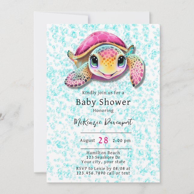 Rosa och Teal Turtle Girl Baby Shower Inbjudningar (Framsida)
